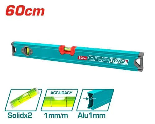 Niveau à bulle aluminium TOTAL 3 fioles [Xcm] – surfaces fraisées précision, embouts caoutchouc, anti-gauchissement
