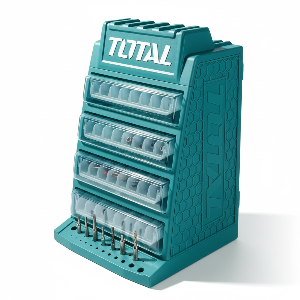 Organiseur vertical TOTAL TAKD2688 – 4 étages, 8 compartiments/niveau (32 total), 430x320x340mm, plastique haute résistance, rangement forets et outils