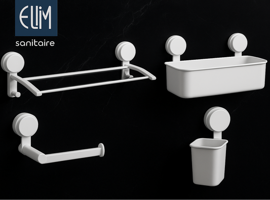 Pack 4 accessoires salle de bain blanc à ventouse ABS EJIM sans perçage – porte-serviette, porte-papier, porte-verre et panier
