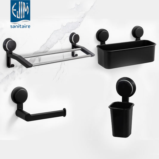 Pack 4 accessoires salle de bain à ventouse ABS EJIM sans perçage – porte-serviette, porte-papier, porte-verre et panier
