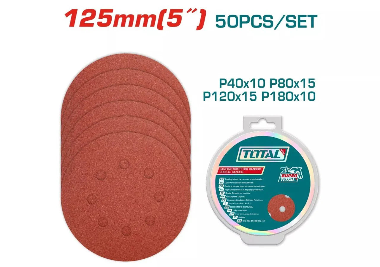 Pack 50 disques abrasifs perforés TOTAL TAC7312511 125mm – fixation Velcro, grains P40×10 + P80×15 + P120×15 + P180×10, ponceuses orbitales
