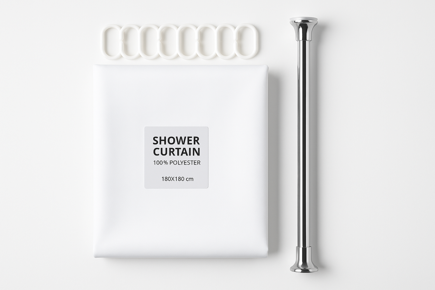 Pack Rideau de Douche 100% Polyester - 180x180cm Blanc + Tube Extensible Sans Perçage