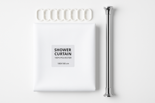 Pack Rideau de Douche 100% Polyester - 180x180cm Blanc + Tube Extensible Sans Perçage