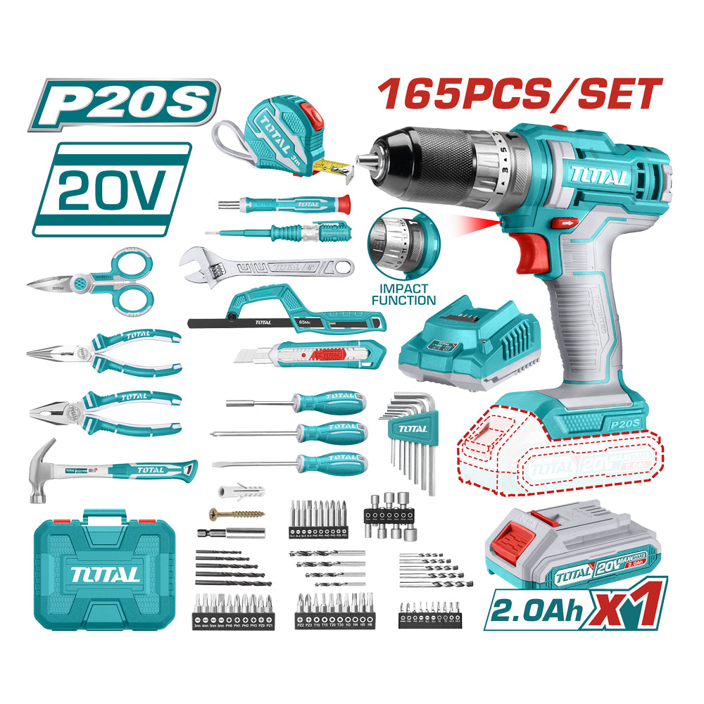 Pack TOTAL THKTHP11652 165 pièces – perceuse sans fil 20V 66Nm, batterie Li-Ion 2Ah, chargeur rapide, coffret robuste, accessoires bois métal béton
