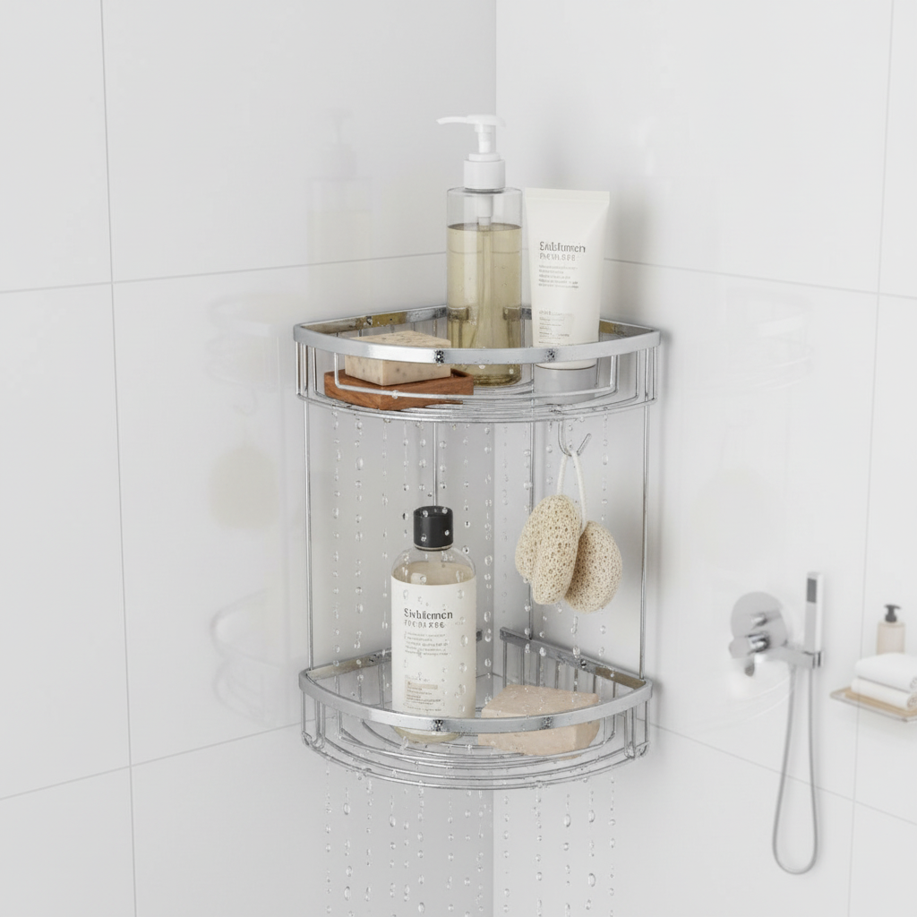 Panier double chrome avec produits de bain organisés sur 2 niveaux
