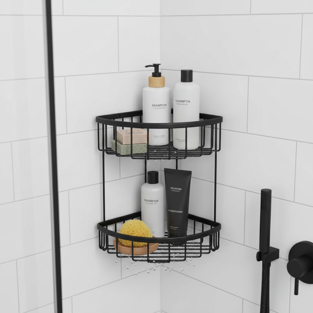 Panier double noir avec produits de bain organisés sur 2 niveaux