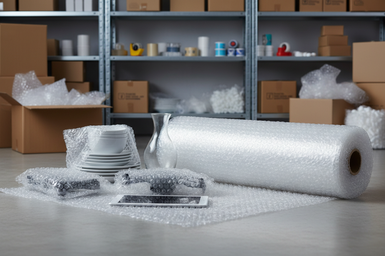 Papier bulle avec objets fragiles emballés et protégés