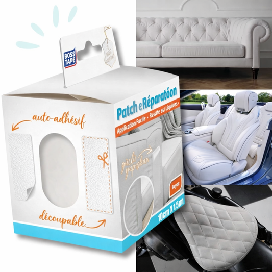 Patch cuir auto-adhésif Boss Tape blanc 100mm x 1,5m – réparation sièges auto, canapés, fauteuils et accessoires cuir

