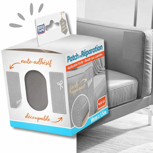 Patch cuir auto-adhésif Boss Tape gris clair 100mm x 1,5m – réparation sièges auto, canapés, fauteuils et accessoires cuir
