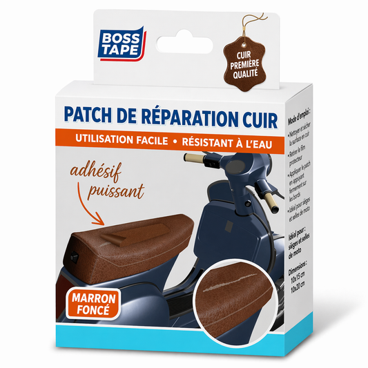 Patch cuir auto-adhésif BOSS TAPE marron 100mm x 1,5m. Réparation sièges auto, canapés, sacs, chaussures. Facile et durable. SQES Ariana Tunisie.