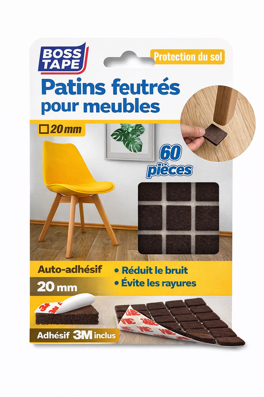 Patin anti-glissement meuble carré Boss Tape 20mm marron lot de 60 – protection sol anti-rayures, chaises, tables et petits meubles
