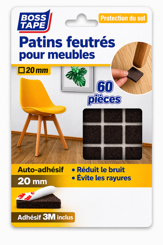 Patin anti-glissement meuble carré Boss Tape 20mm marron lot de 60 – protection sol anti-rayures, chaises, tables et petits meubles

