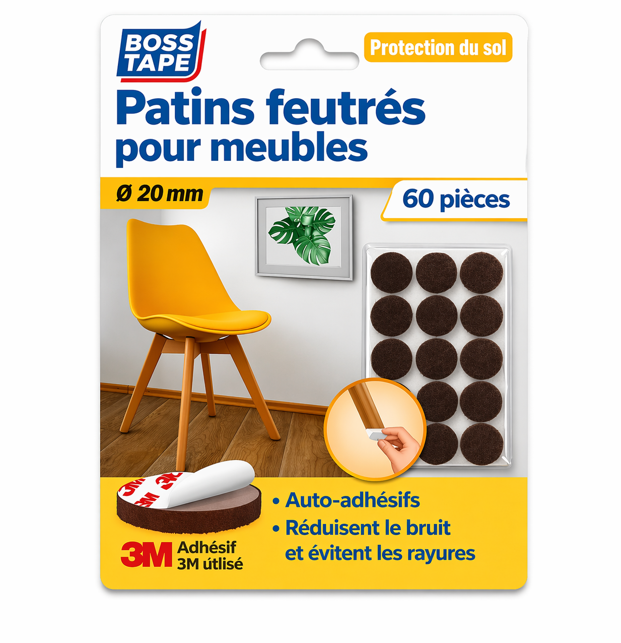 Patin anti-glissement meuble carré Boss Tape 20mm marron lot de 60 – protection sol anti-rayures, chaises, tables et petits meubles
