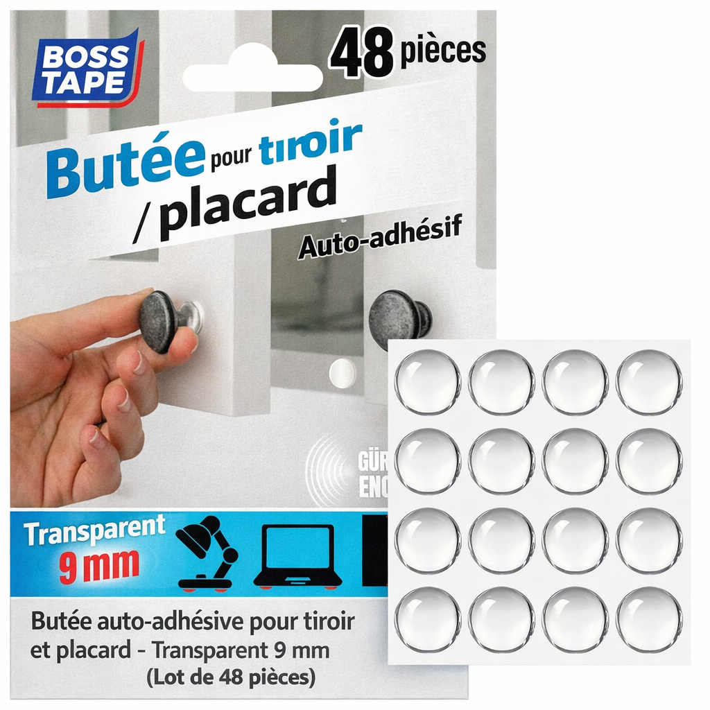 Patin silencieux meuble Boss Tape 9mm lot de 48 – anti-bruit, protection sol anti-rayures, chaises, tables et armoires
