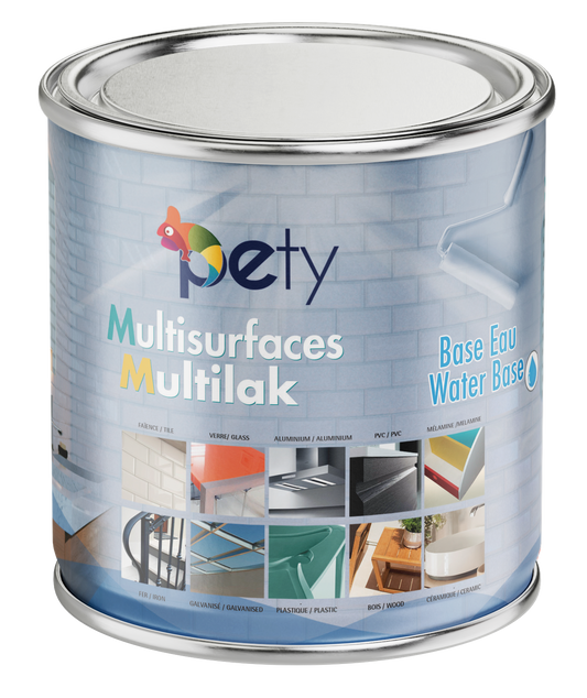 Peinture laque Multilak PETY 750ml multi-support – 5 finitions mat, satiné, brillant, métallique, noir mat, bois/métal/PVC/verre, écologique sans odeur
