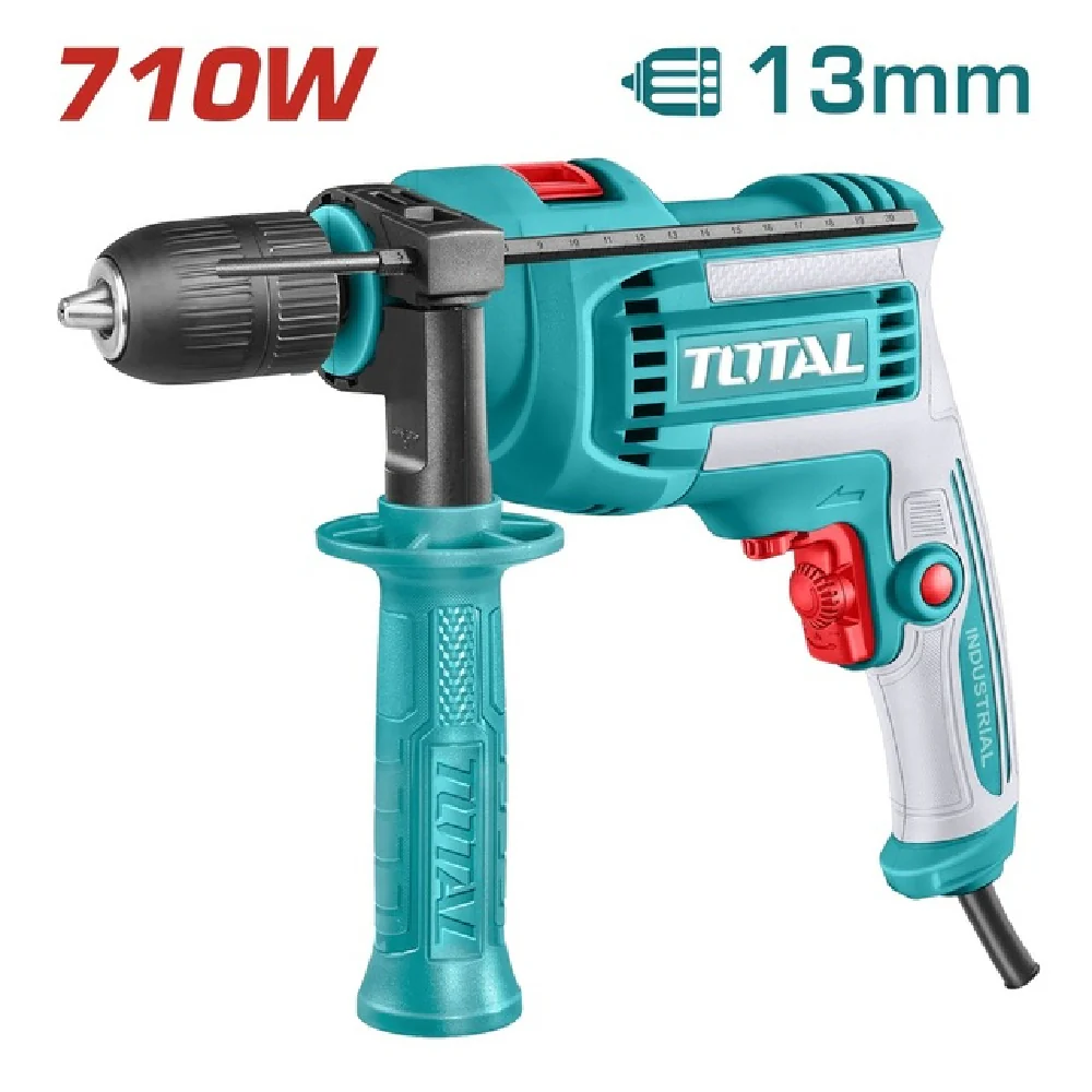Perceuse visseuse à percussion TOTAL TG10713662 710W – 3000tr/min, mandrin auto 13mm, 3-en-1 perçage percussion vissage, bois 35mm métal 13mm
