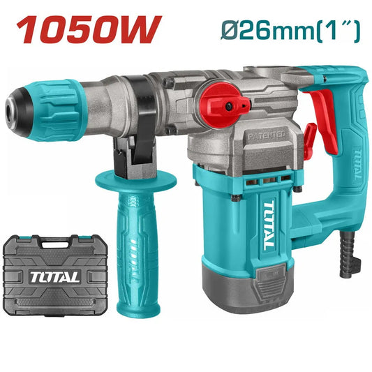 Perforateur SDS+ TOTAL TH110266 1050W – 4,5J, 3800 bpm, béton 26mm, acier 13mm, bois 40mm, 3 forets + 2 burins inclus, boîte BMC
