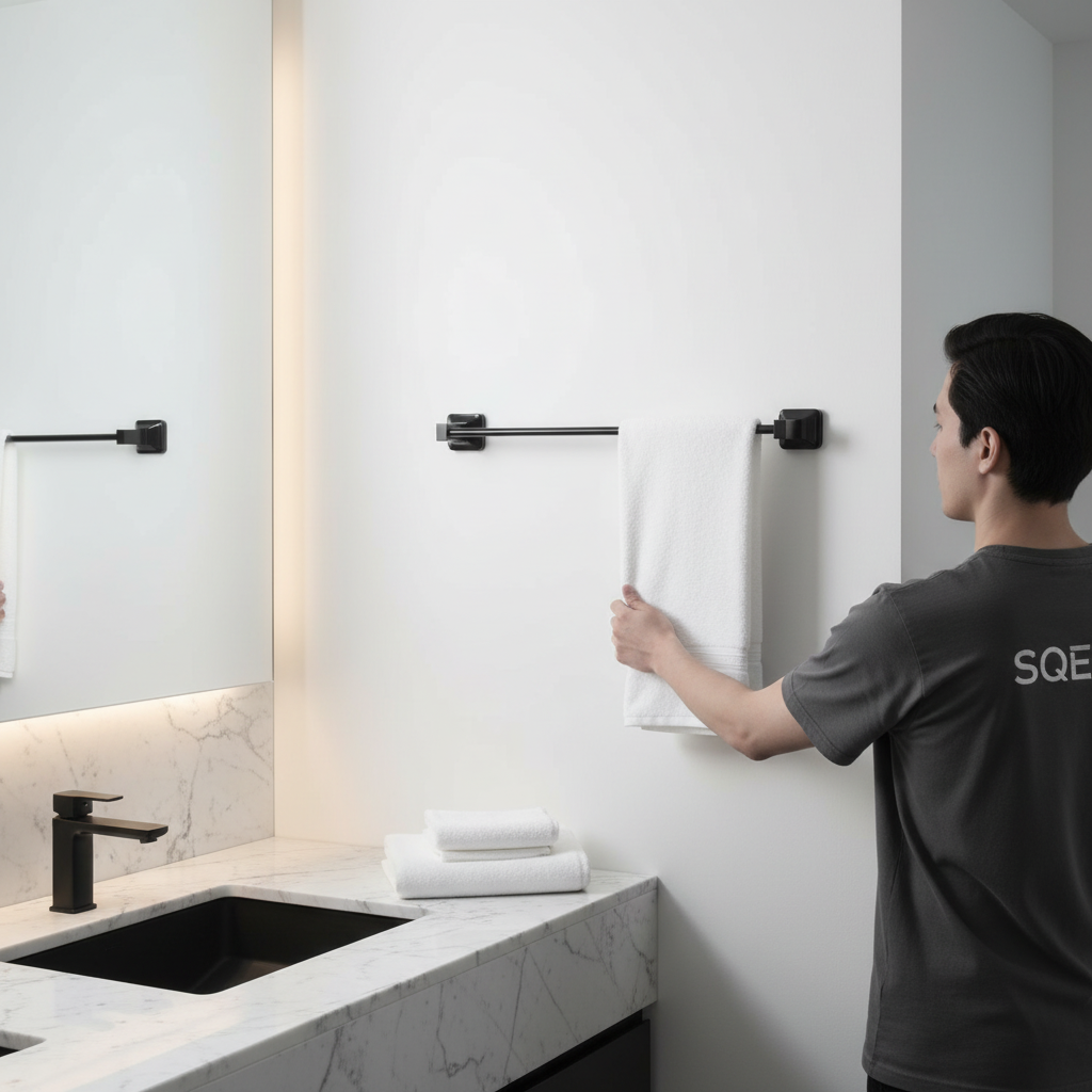 Personne accrochant une serviette sur la barre noire