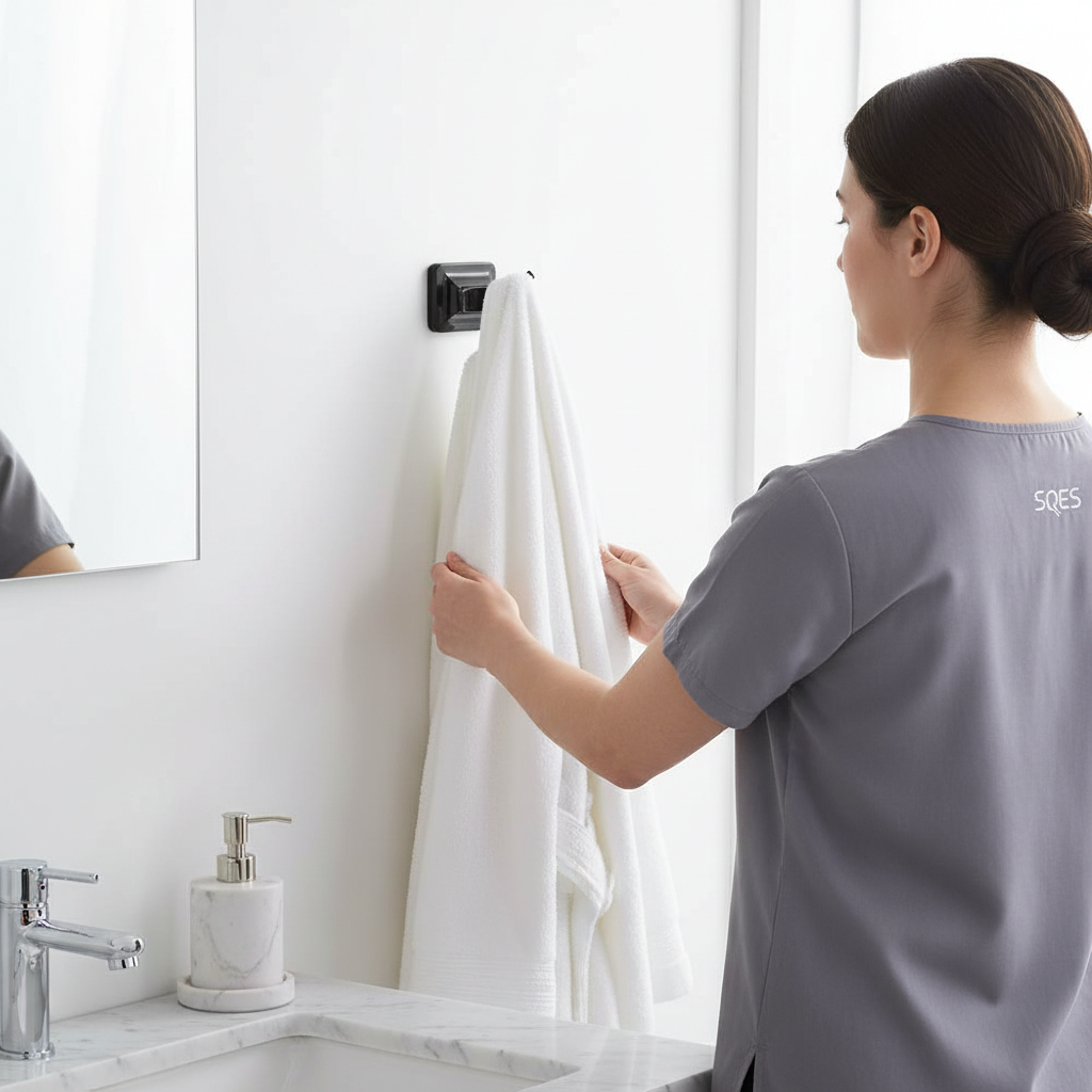 Personne accrochant une serviette sur la patère double noire