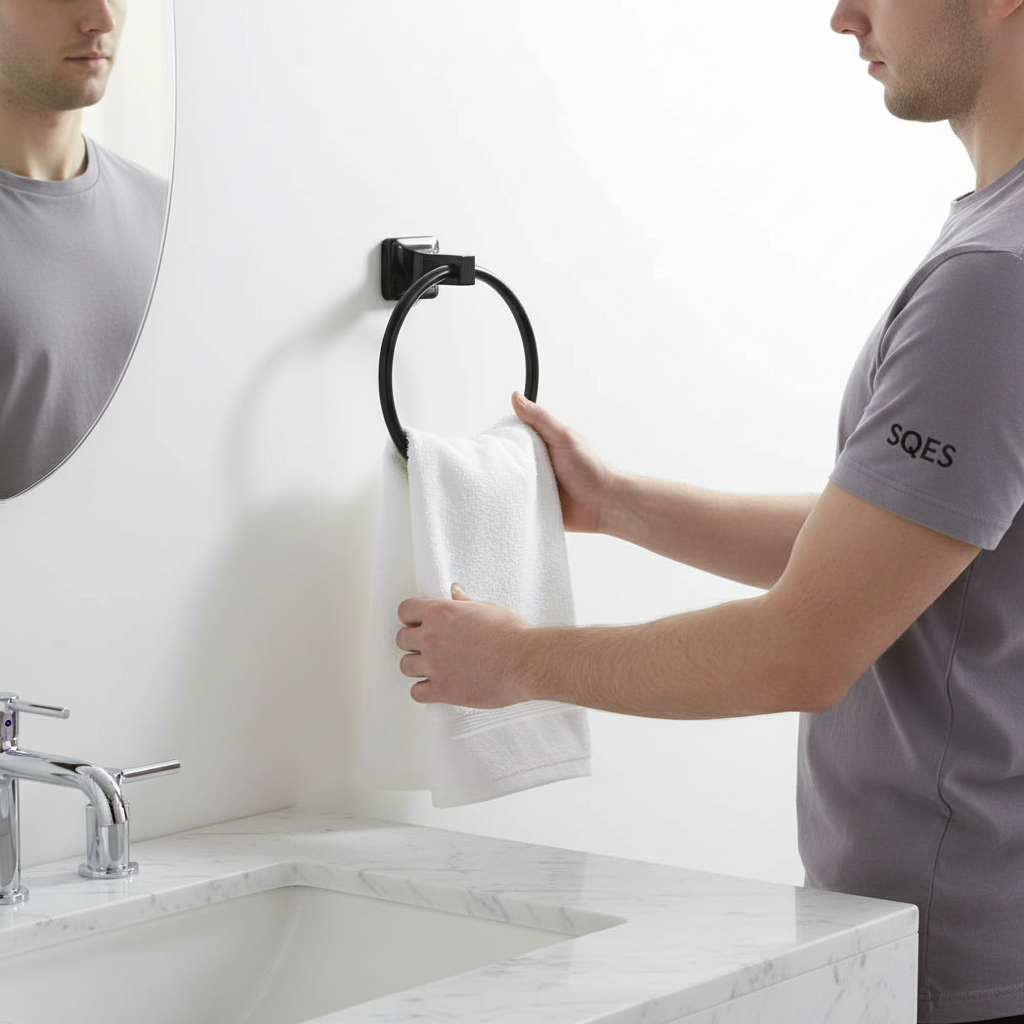 Personne accrochant une serviette sur l'anneau noir