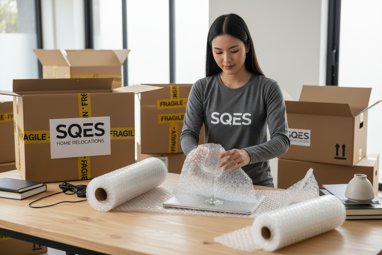 Personne emballant des objets fragiles avec le papier bulle