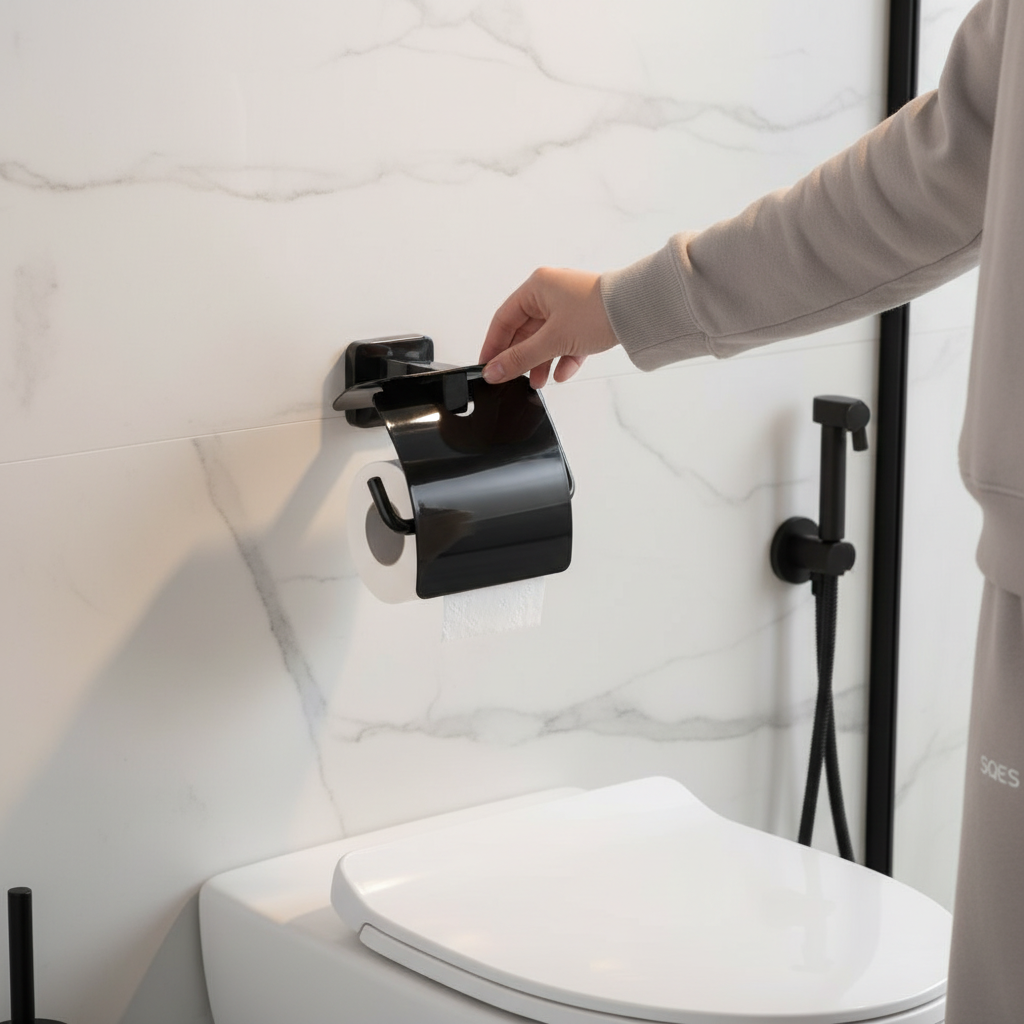 Personne ouvrant le couvercle du porte papier noir