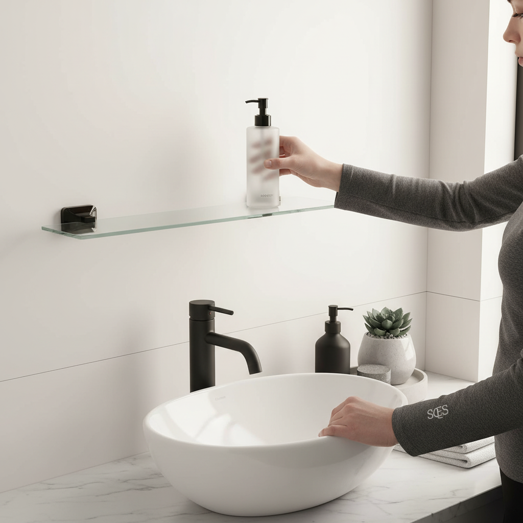 Personne utilisant l'étagère en verre avec supports noirs