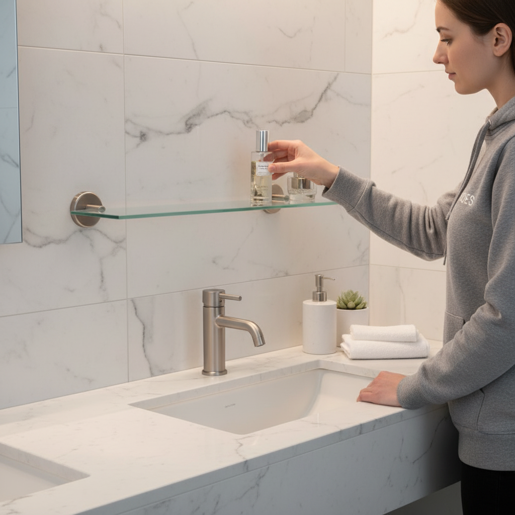 Personne utilisant l'étagère en verre inox au-dessus du lavabo