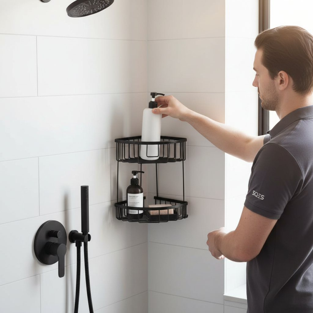 Personne utilisant le panier double noir dans la douche