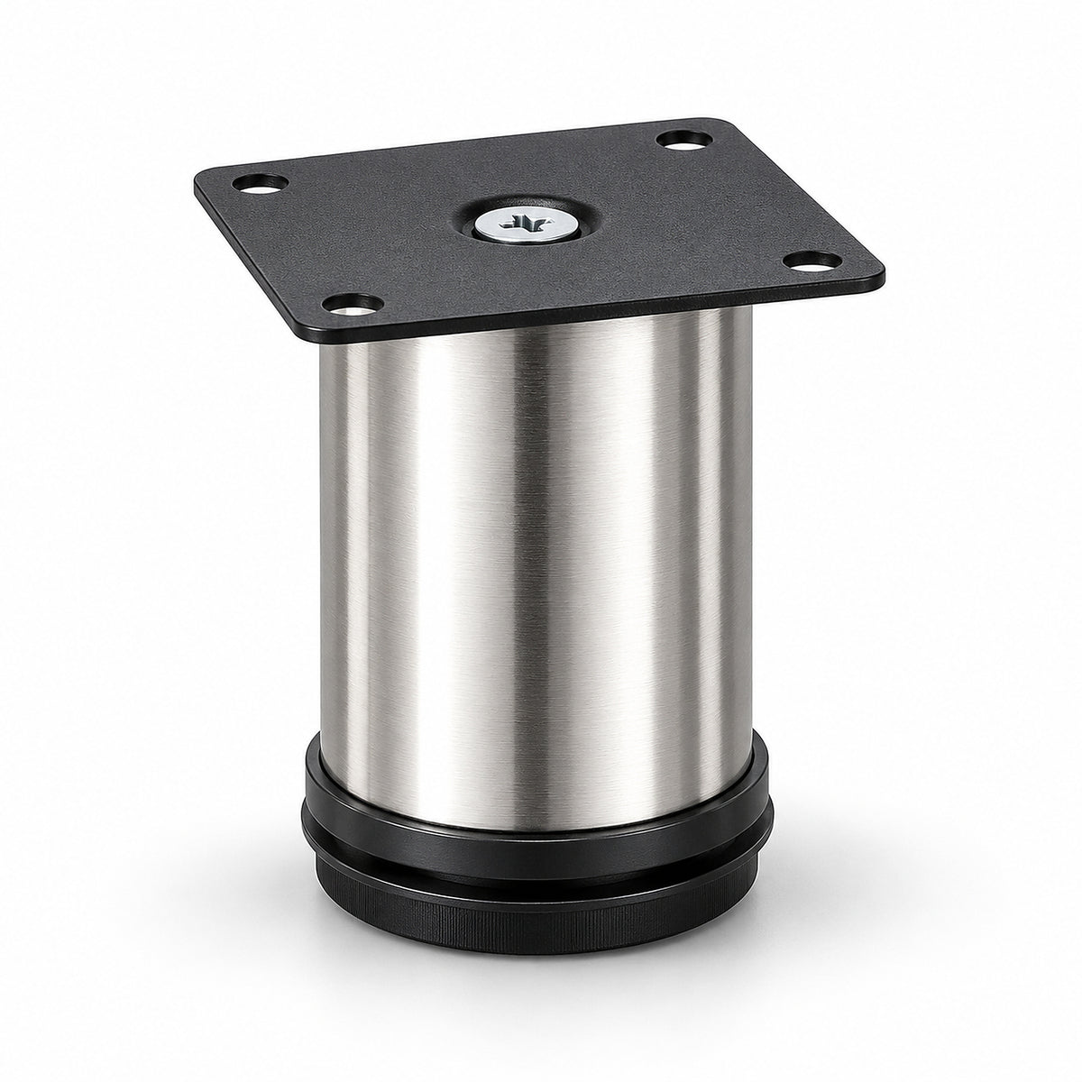 Sabot de meuble rond réglable Ø50 × 80 mm – CP, platine noire à quatre trous, corps aspect chrome et pied noir – visuel illustratif
