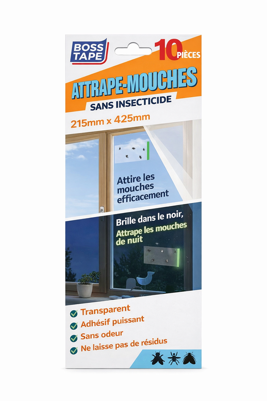 Piège mouches BOSS TAPE photo lumineux (10pcs 215mmx125mm). Efficace jour et nuit. Livraison Tunisie. Éliminez les mouches !