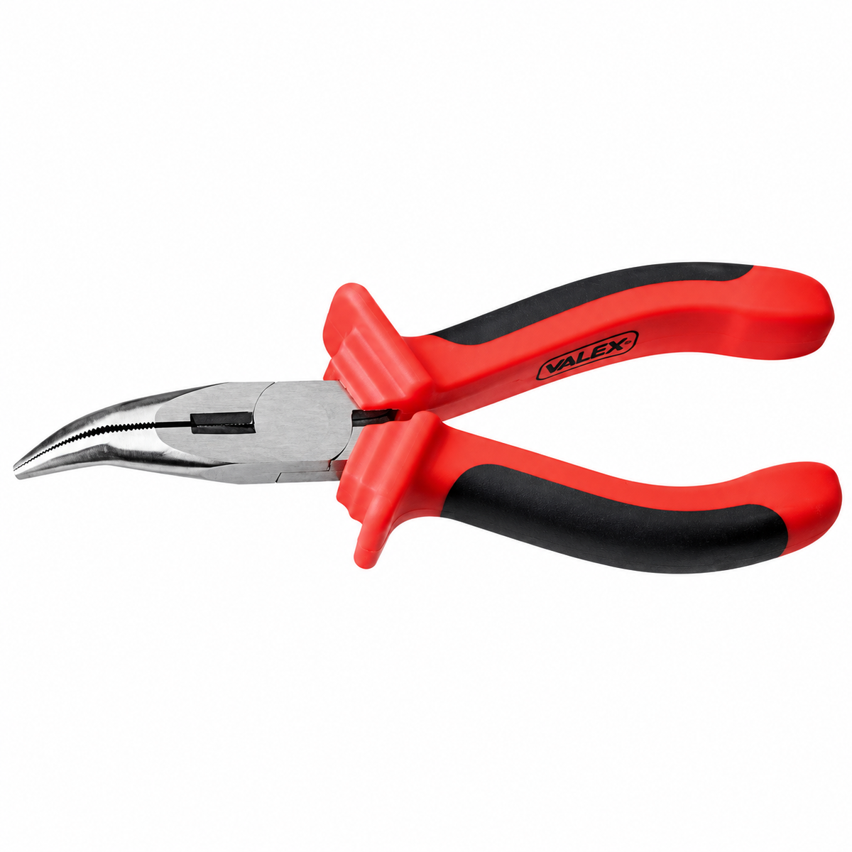 Pince VALEX 1462844 à becs demi-ronds coudés, 160 mm, becs utiles 45 mm, corps acier, tête polie et poignée ergonomique bimatière.