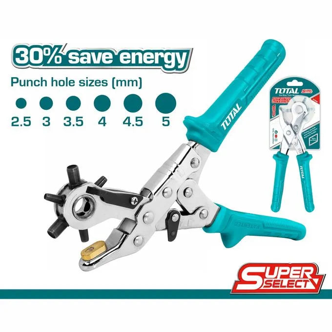Pince de poinçonnage TOTAL 250mm – 6 tailles 2,5-5mm, acier carbone forgé, double levier ergonomique, idéal cuir ceintures et maroquinerie
