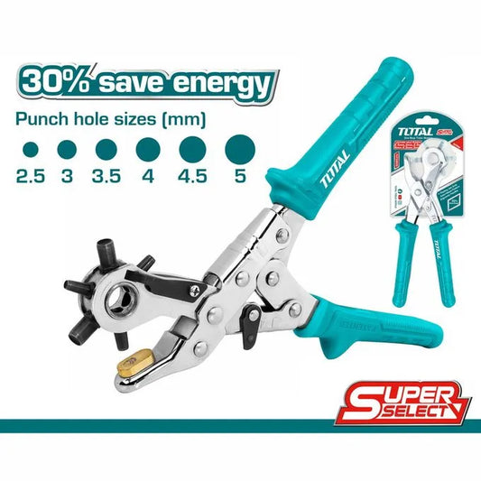 Pince de poinçonnage TOTAL 250mm – 6 tailles 2,5-5mm, acier carbone forgé, double levier ergonomique, idéal cuir ceintures et maroquinerie
