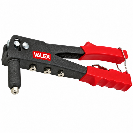 Pince à riveter manuelle VALEX 1462005 avec 4 têtes pour rivets aluminium Ø2,4 à 4,8 mm, corps acier et poignée souple.