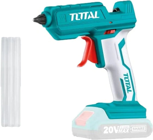 Pistolet à colle chaud TOTAL TGGLI2001 20V – bâton 11,2mm, chauffe 60s, débit 15-18g/min, compatible batteries TOTAL 2Ah et 4Ah
