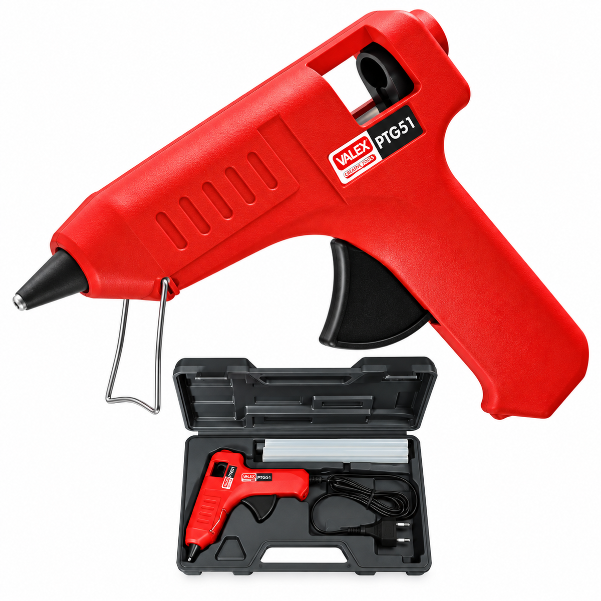 Pistolet à colle chaude VALEX PTG52 1454295, 72 W max, sticks Ø12 mm, débit 8 g/min, livré en valisette avec 6 bâtons de colle.
