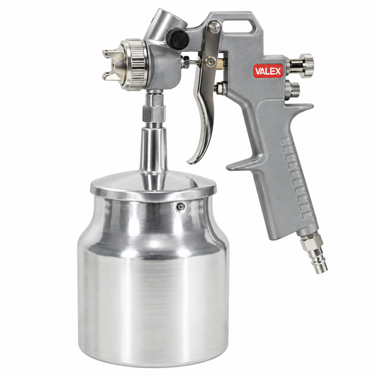 Pistolet pneumatique VALEX 1559887 avec réservoir 0,85 L, buse Ø1,5 mm, pression 4 bar et consommation d’air 150 L/min.