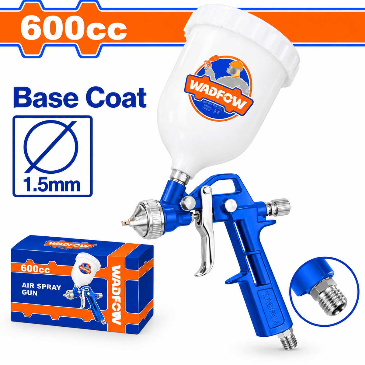 Pistolet de peinture pneumatique WADFOW WGA1504, godet 600 ml, buse standard 1,5 mm, jet 180–250 mm et pression 3–4 bar pour couches de base compatibles | SQES Tunisie
