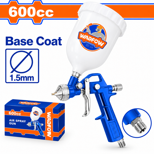 Pistolet de peinture pneumatique WADFOW WGA1504, godet 600 ml, buse standard 1,5 mm, jet 180–250 mm et pression 3–4 bar pour couches de base compatibles | SQES Tunisie
