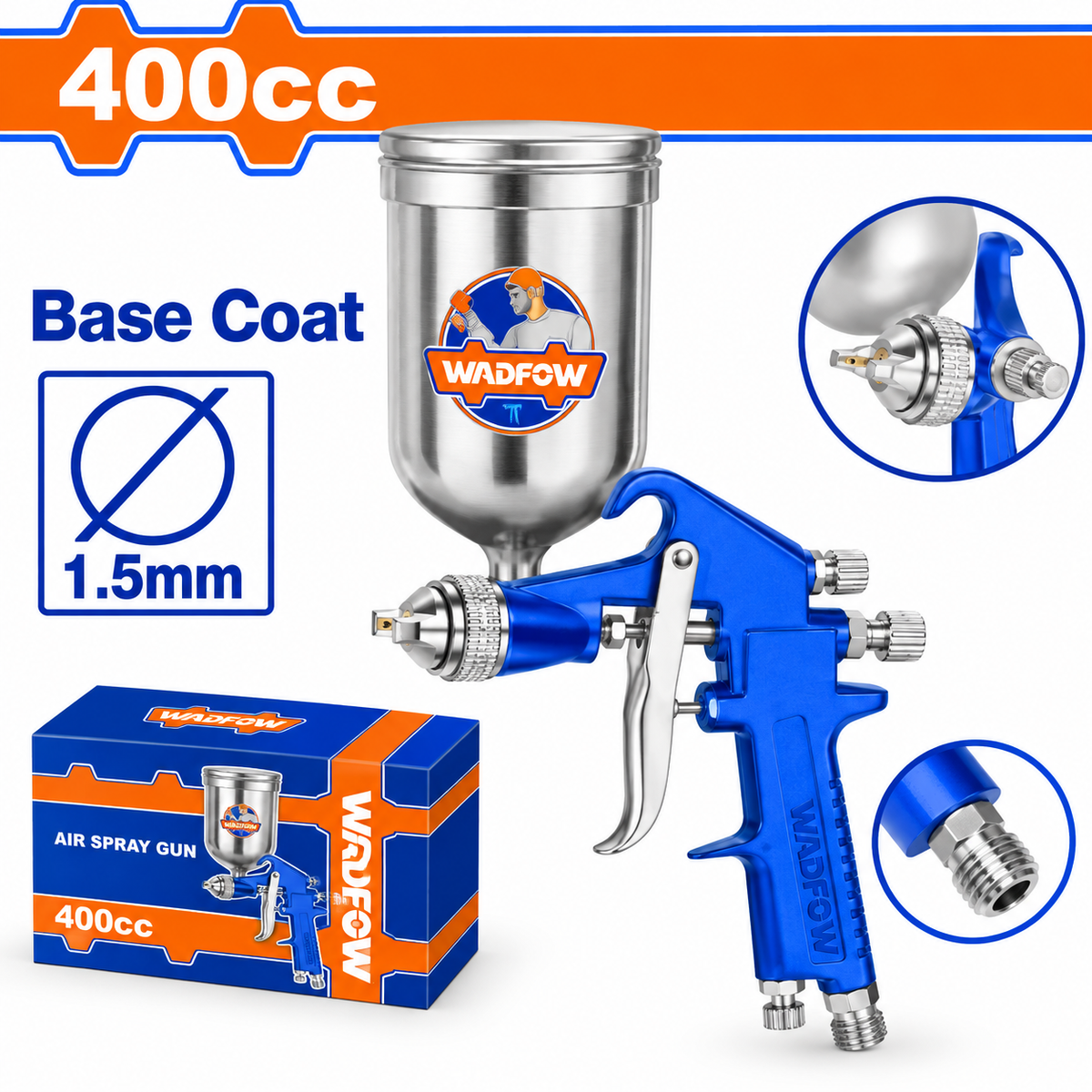 Pistolet de peinture pneumatique WADFOW WGA1540, godet 400 ml, buse standard 1,5 mm, jet 180–250 mm, pression 3–4 bar et air 99–170 L/min pour couches de base compatibles | SQES Tunisie
