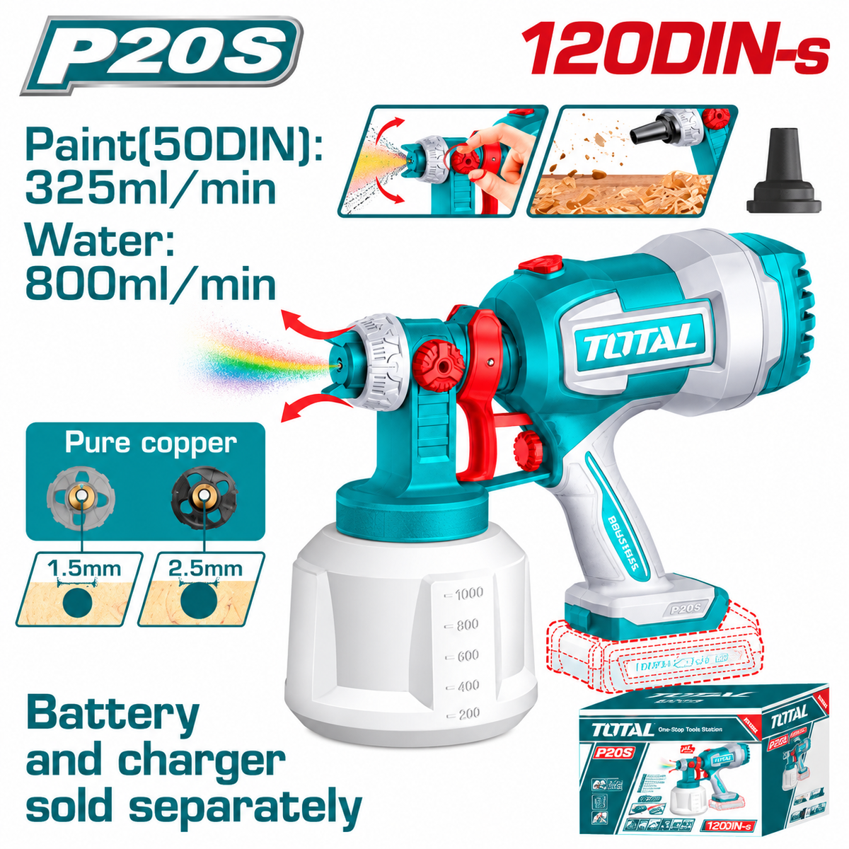 Pistolet à peinture sans fil TOTAL TSGLI2004 20V, compatible plateforme P20S, idéal pour vos travaux de peinture et de finition.