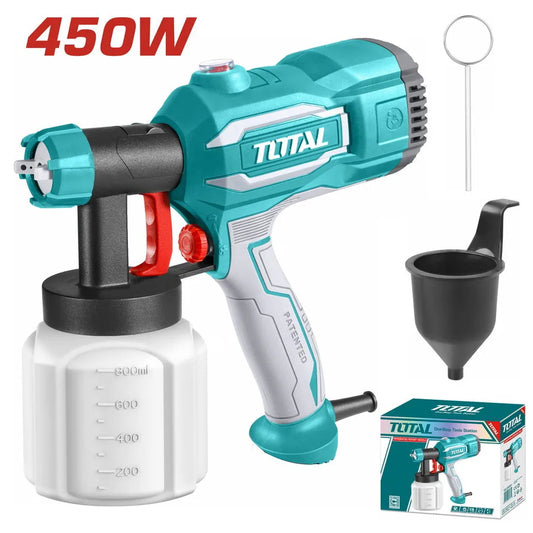 Pistolet de peinture électrique TOTAL TT3506 450W – réservoir 800ml, jet réglable, 1kg, idéal murs clôtures meubles intérieur et extérieur
