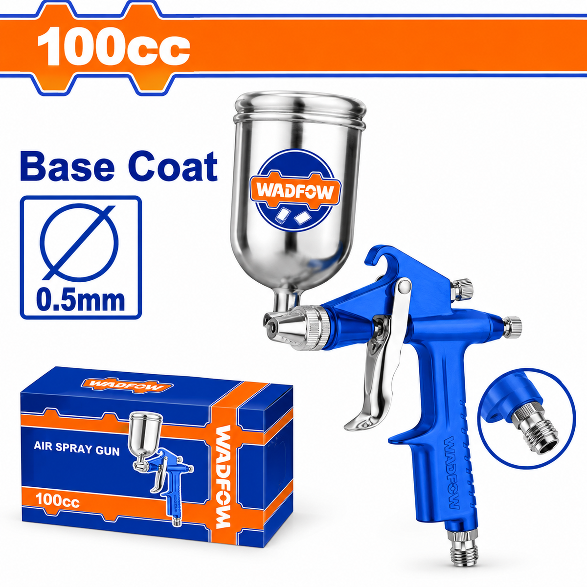 Pistolet de peinture pneumatique WADFOW WGA1501, buse de 0,5 mm et godet de 100 ml, pression 3–4 bar et consommation d’air 28–57 L/min pour couches de base compatibles | SQES Tunisie

