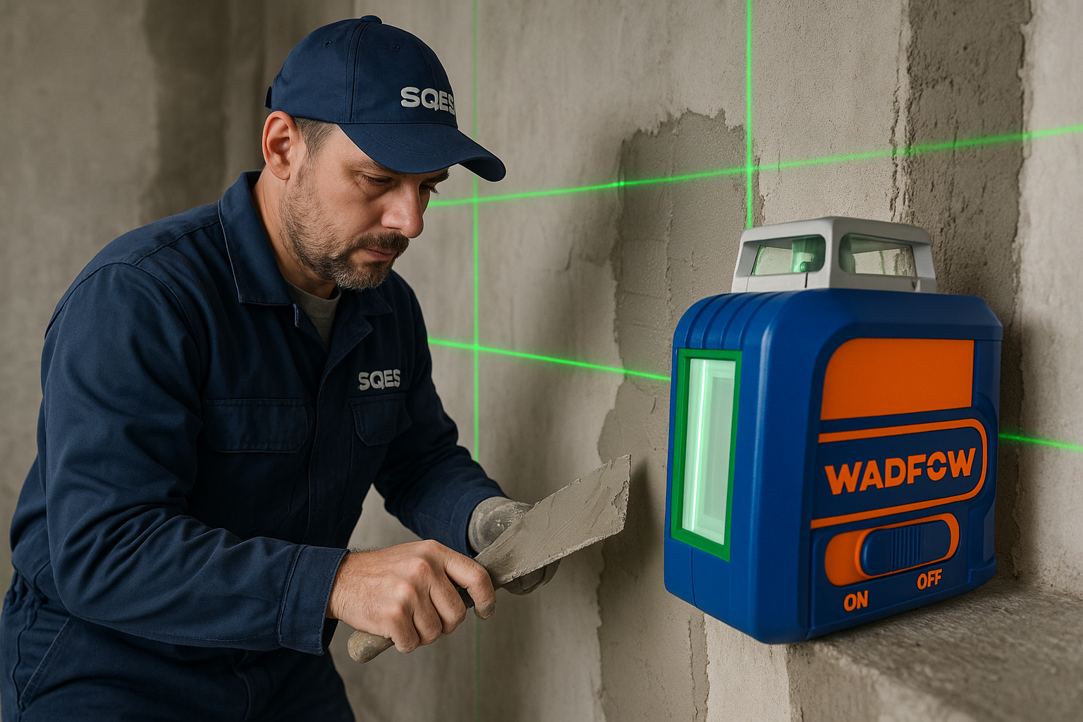 Plâtrier professionnel SQES utilisant le niveau laser WADFOW