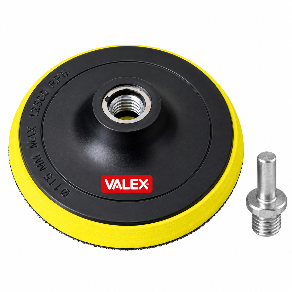 Plateau de ponçage VALEX 1905053 Ø125 mm avec fixation M14, support à scratch et adaptateur M14 vers tige Ø8 mm inclus.