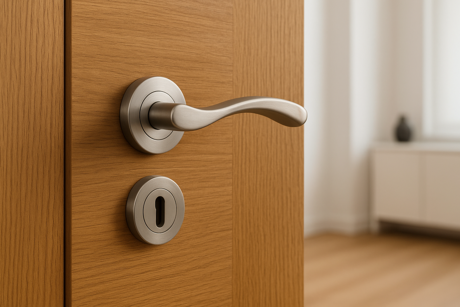Poignée satinée installée sur porte