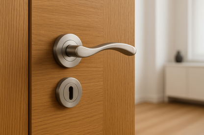 Poignée satinée installée sur porte