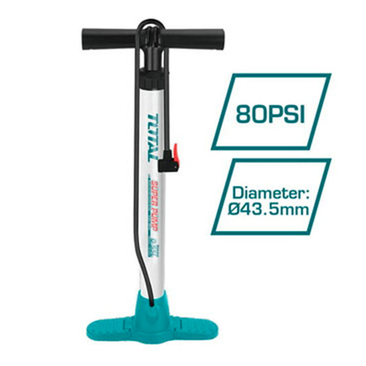 Pompe à air manuelle TOTAL TMPP3201 – tube aluminium Ø32x580mm, valves Schrader/Presta/Dunlop, manomètre 60mm Bar/PSI, base antidérapante
