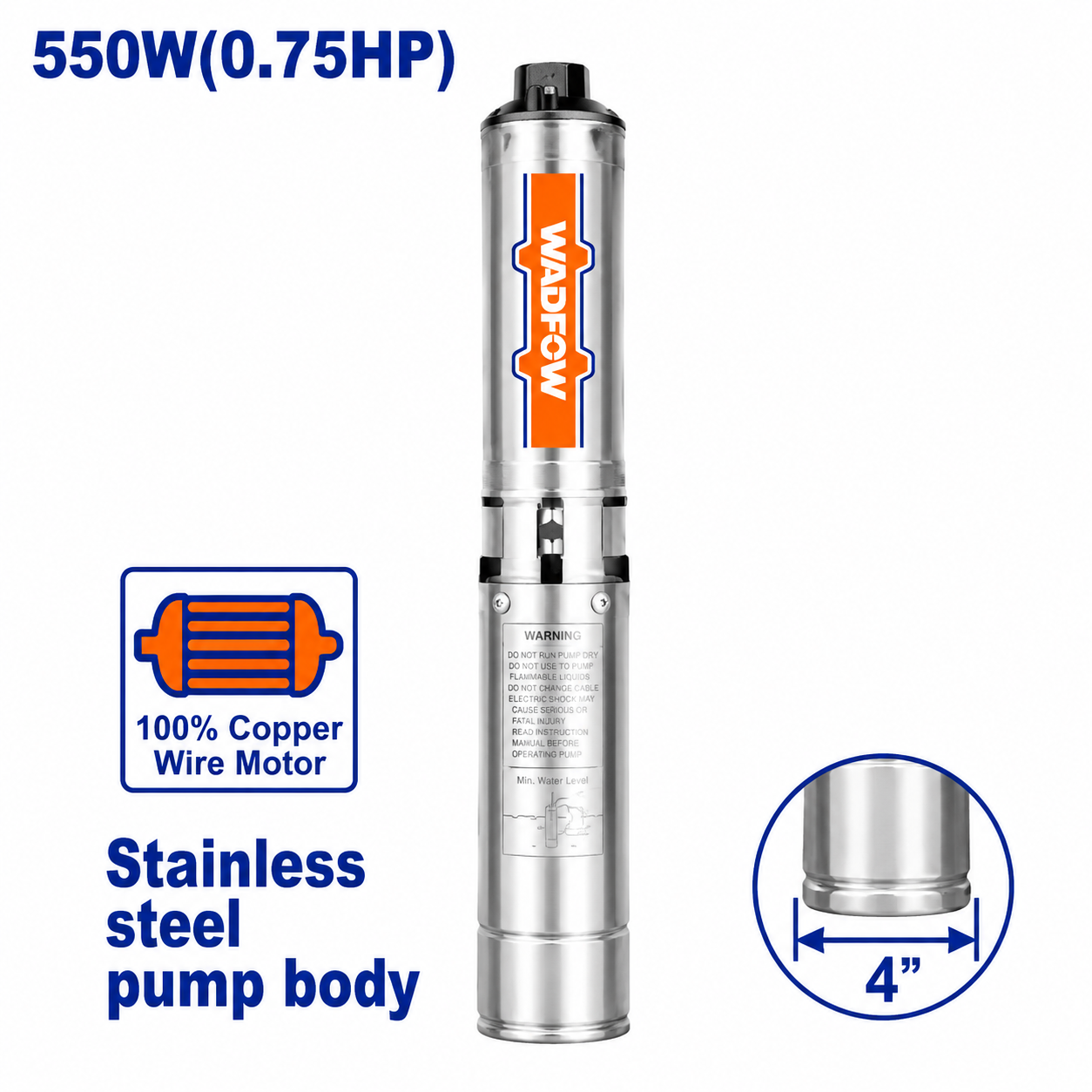 Pompe immergée 0.75HP 550W WADFOW WWPD6021 avec coffret. Idéale pour puits peu profonds et irrigation domestique. Livraison en Tunisie — SQES.